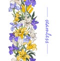 White and yellow lilies and blue irises, seamless